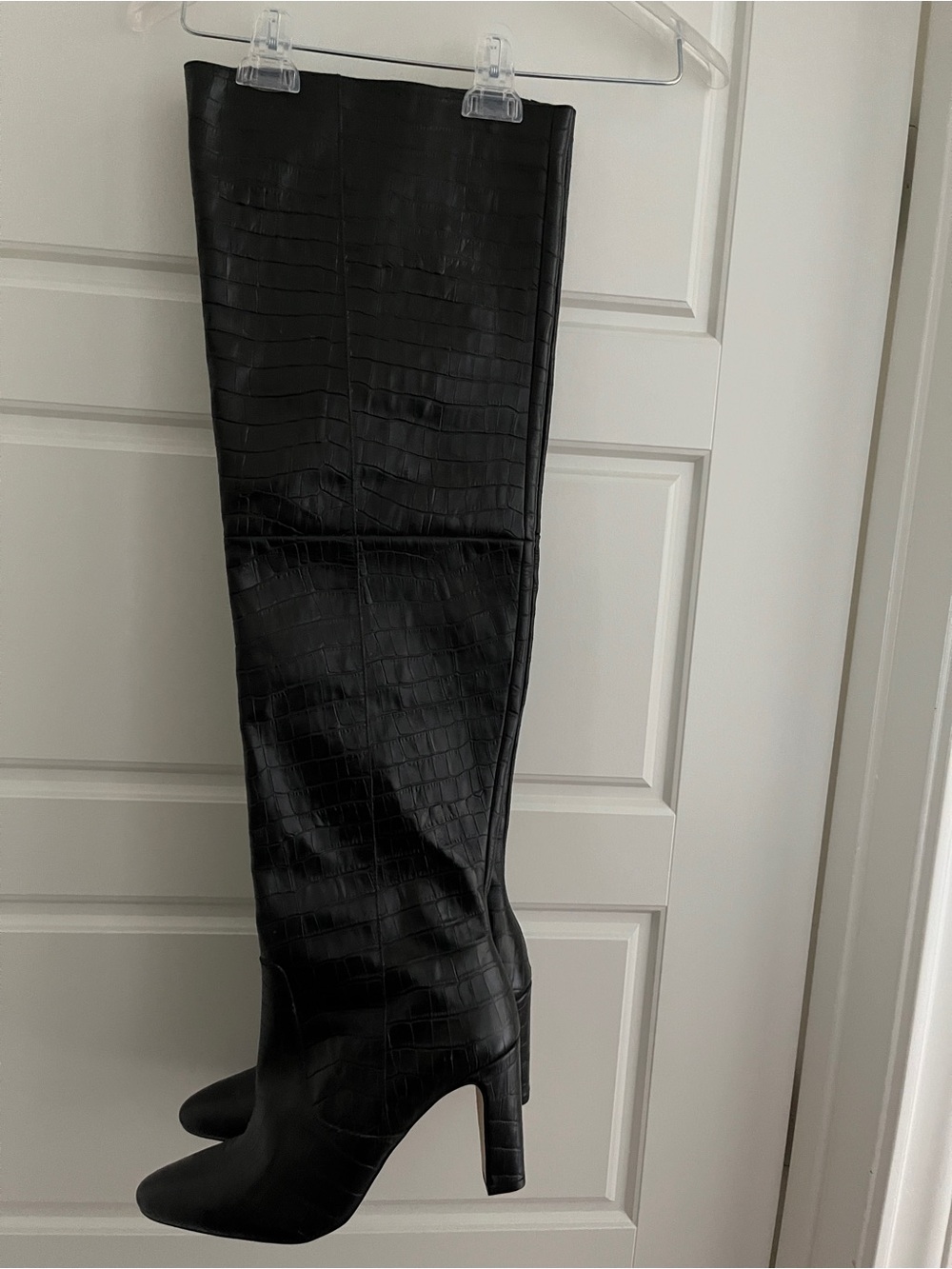 Genuine Leather Black H&M Croc-Embossed Knee-High Heel Boot NEW